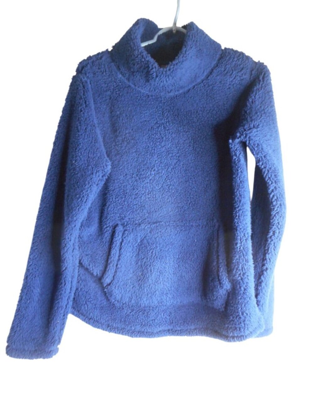 St. Johns Bay Pullover top Women Sz M Faux Fur Dark Blue Soft Cozy Fleece pocket